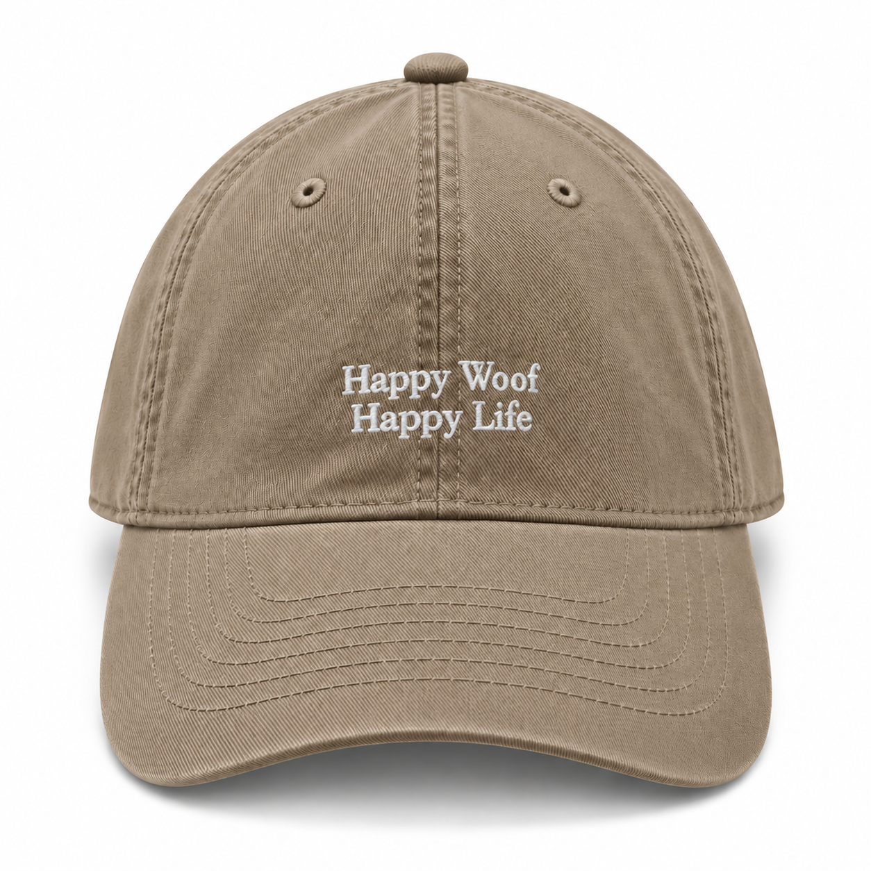 A cotton baseball cap embroidered with Happy Woof, Happy Life