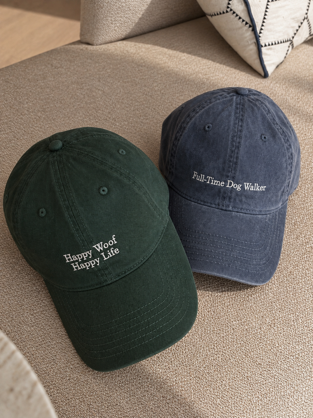 Happy Woof, Happy Life and Full-Time Dog Walker caps styled together