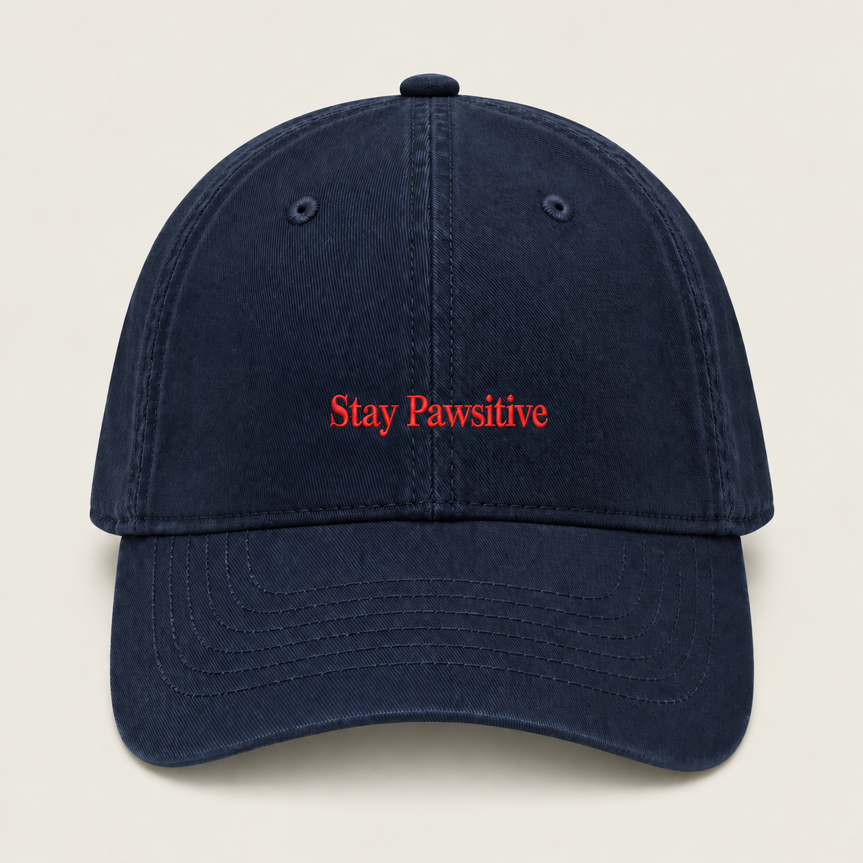 Navy Stay Pawsitive cap with red embroidery