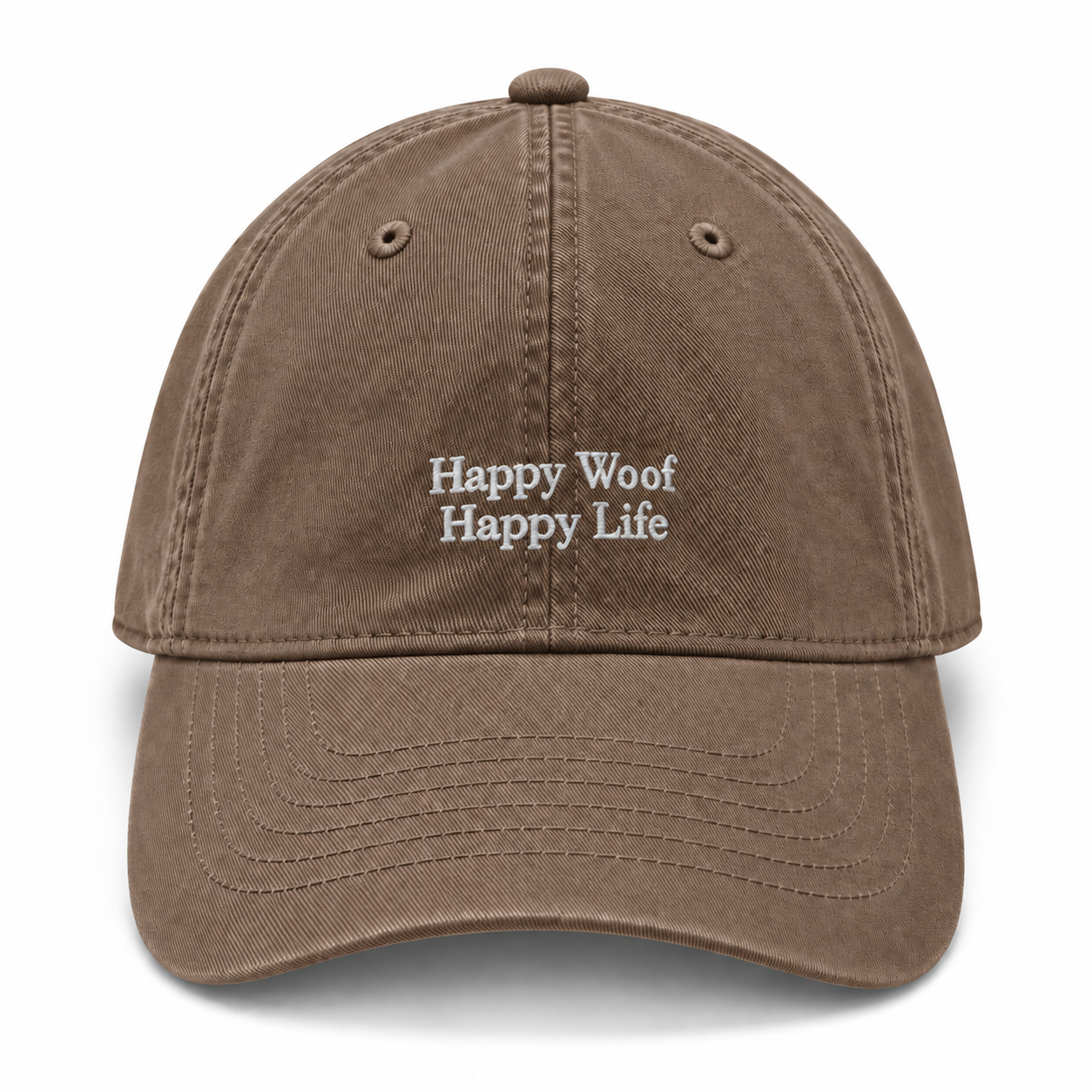 A cotton baseball cap embroidered with Happy Woof, Happy Life