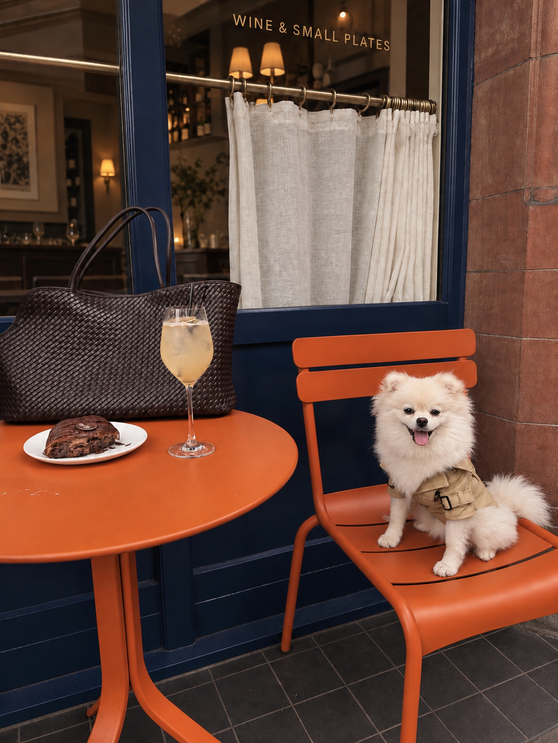A white dog in a sand coat beside a brown woven CHILLI carrier at a London café