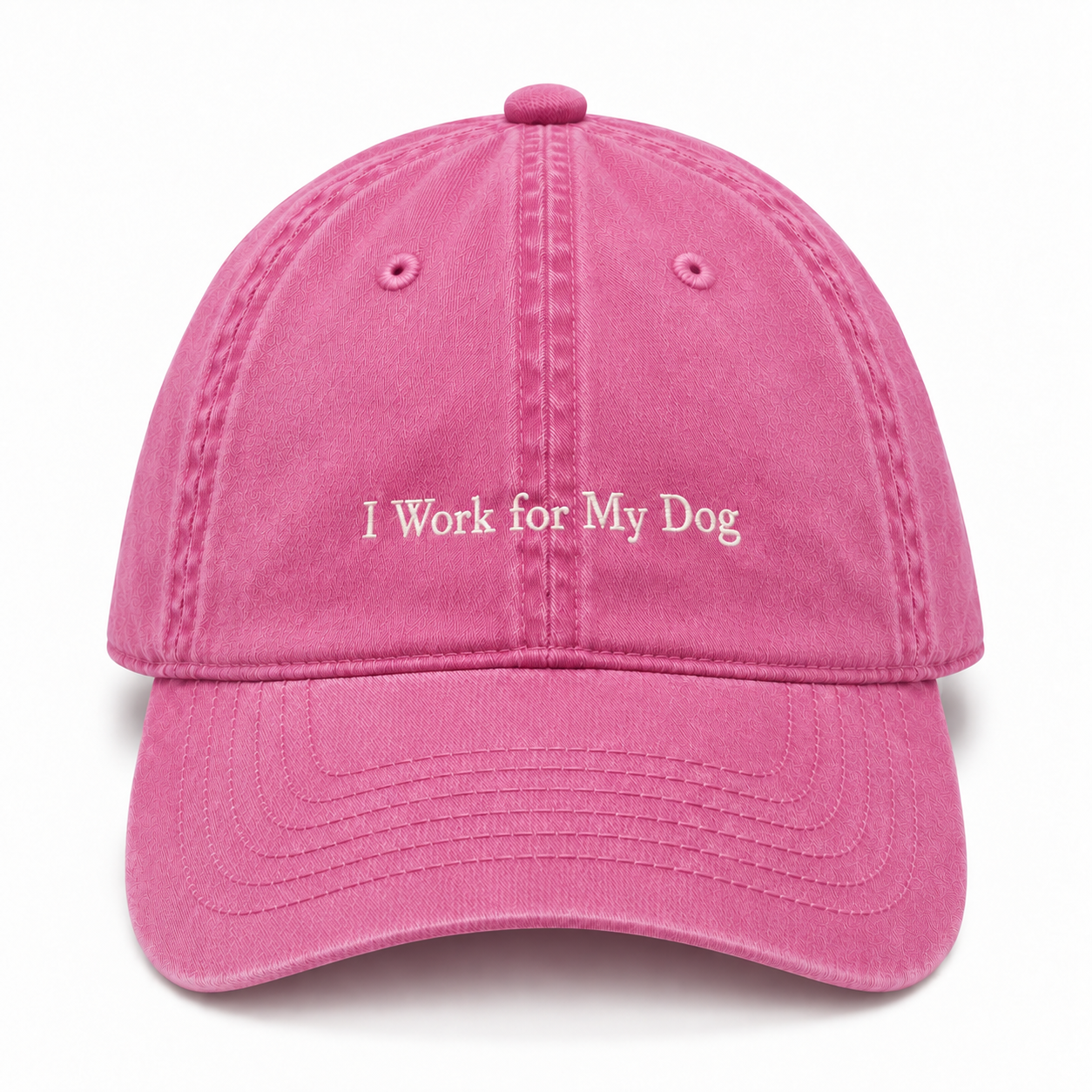 A washed cotton baseball cap embroidered with I Work For My Dog