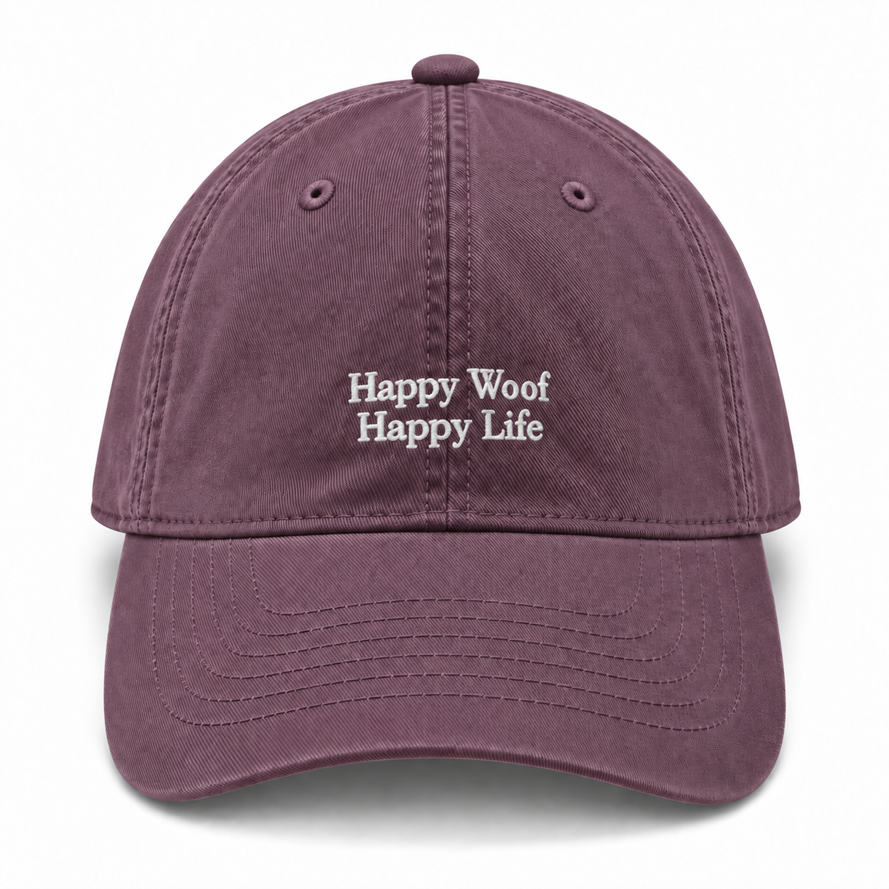 A cotton baseball cap embroidered with Happy Woof, Happy Life