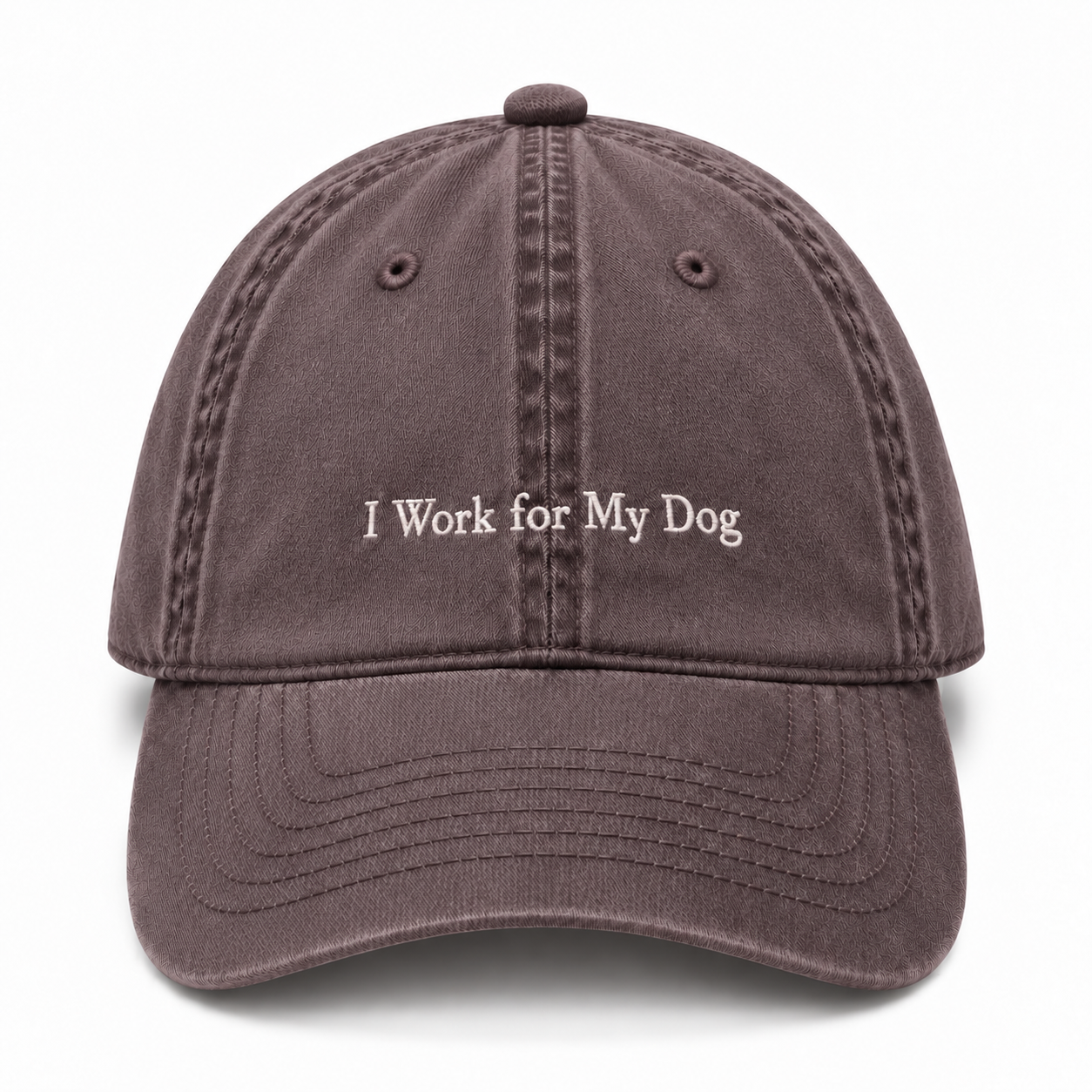 A washed cotton baseball cap embroidered with I Work For My Dog