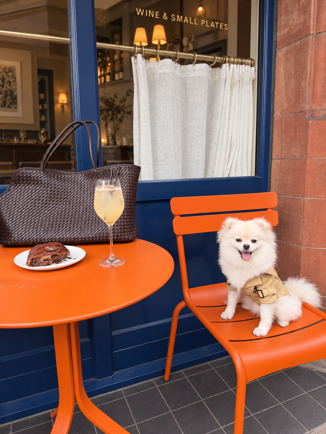 A small white dog wearing The Mayfair Trench in khaki