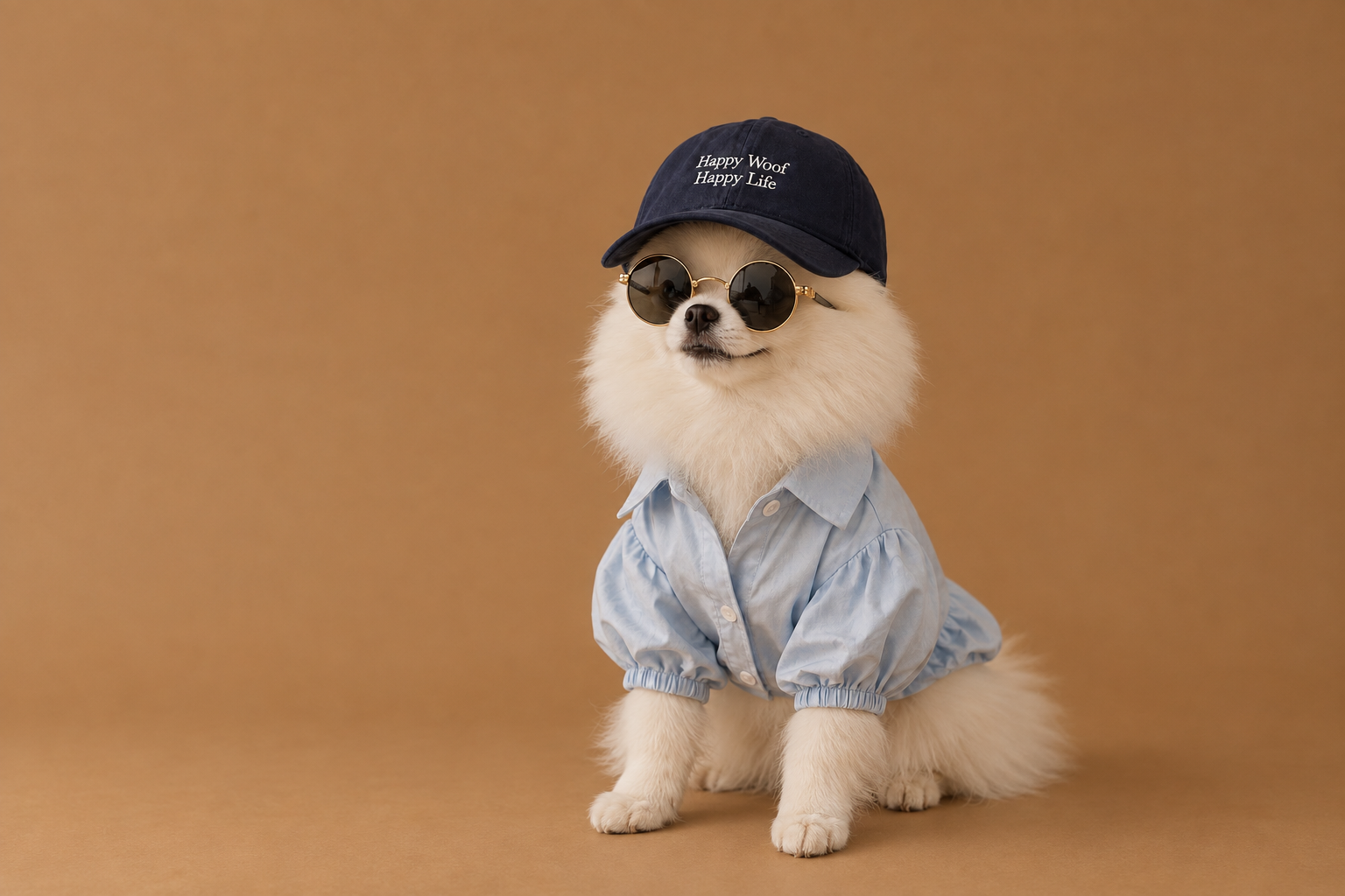 Chilli wearing a navy Happy Woof, Happy Life cap, round sunglasses and a pale blue shirt dress against a warm tan backdrop