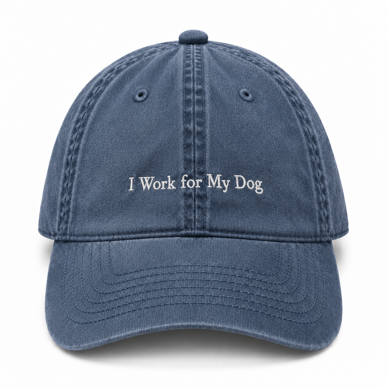 A washed cotton baseball cap embroidered with I Work For My Dog