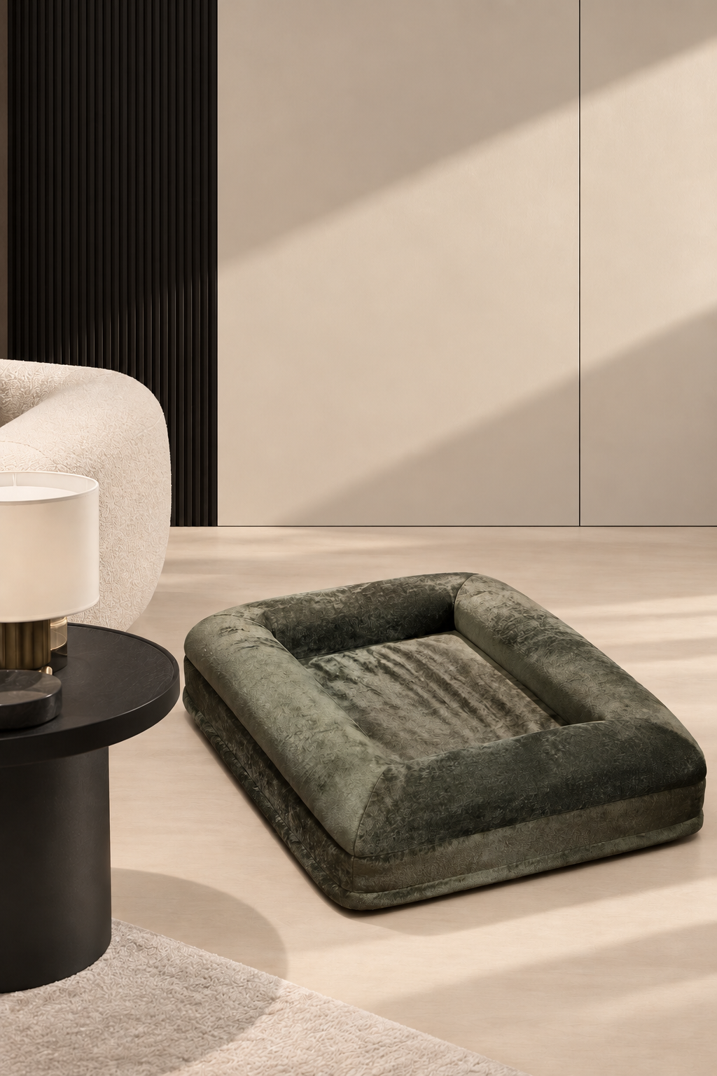 Wimbledon Pool Bed in green chenille velvet in a contemporary interior