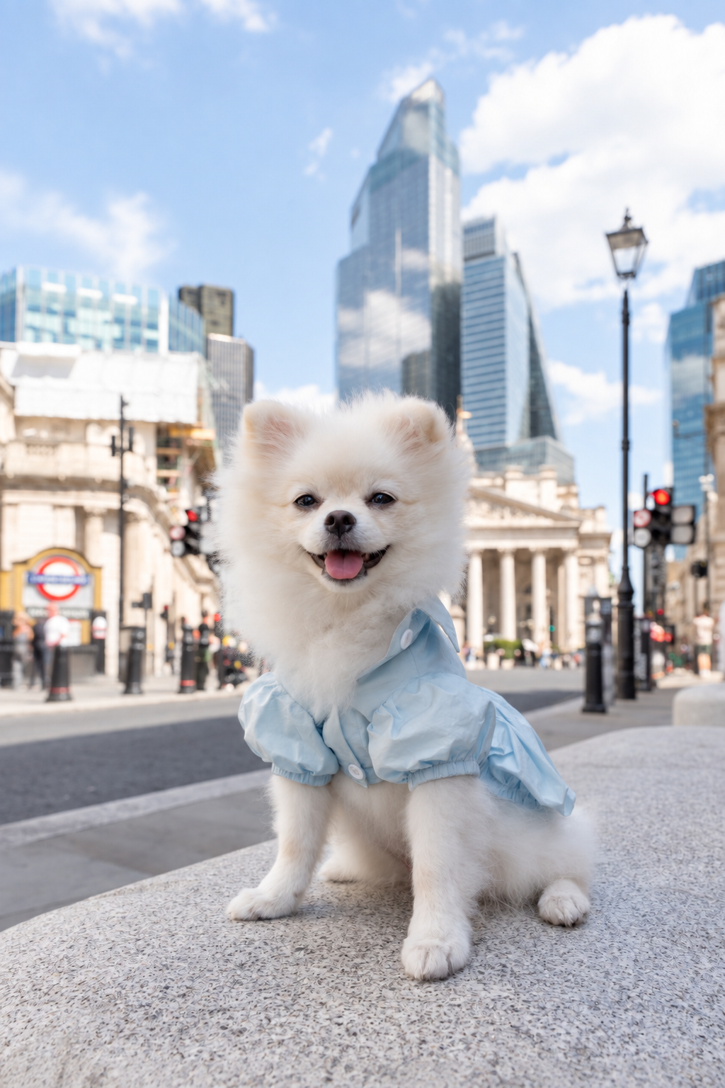 A small white dog wearing The Bank Shirt, a pale blue cotton shirt dress