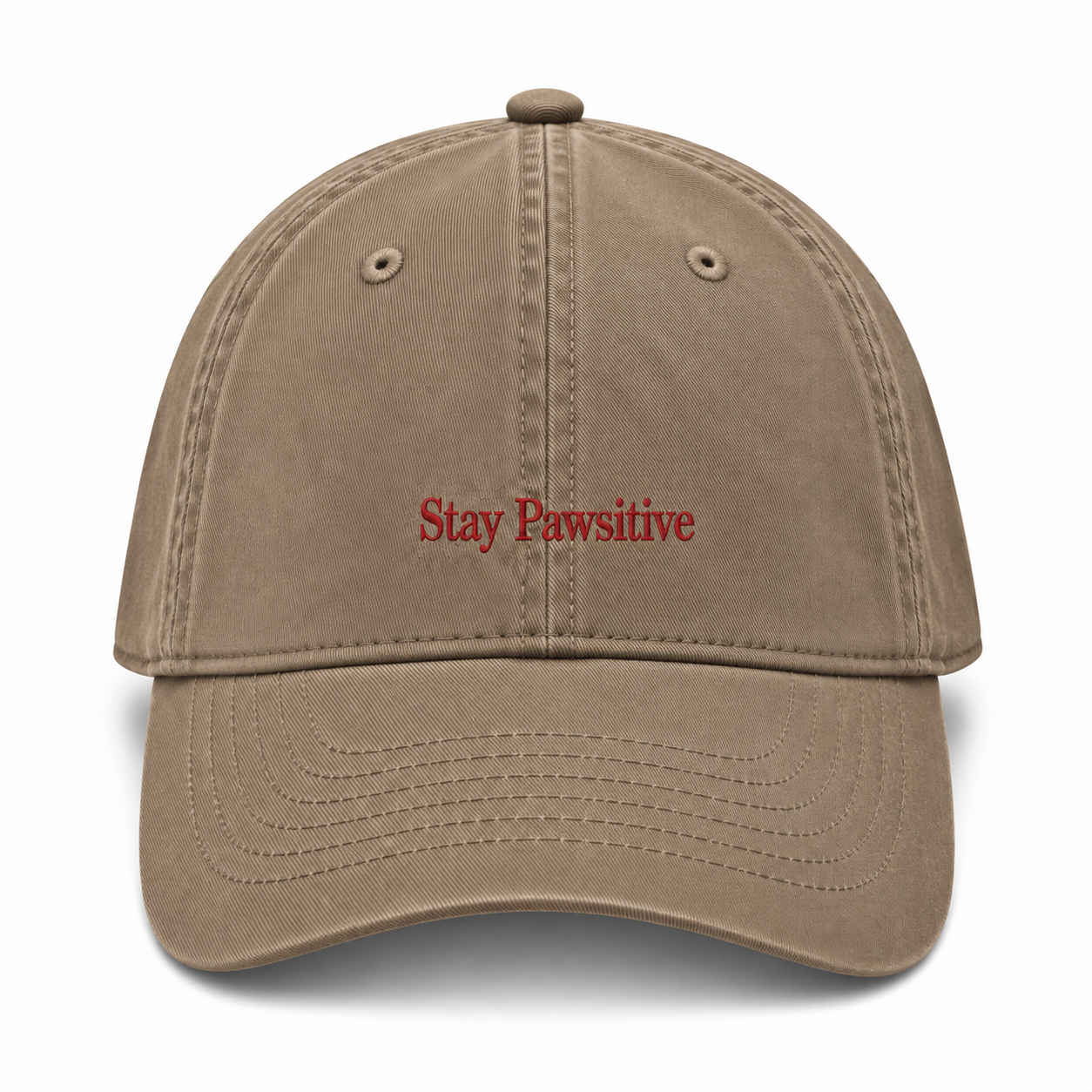 A washed cotton baseball cap embroidered with Stay Pawsitive in red