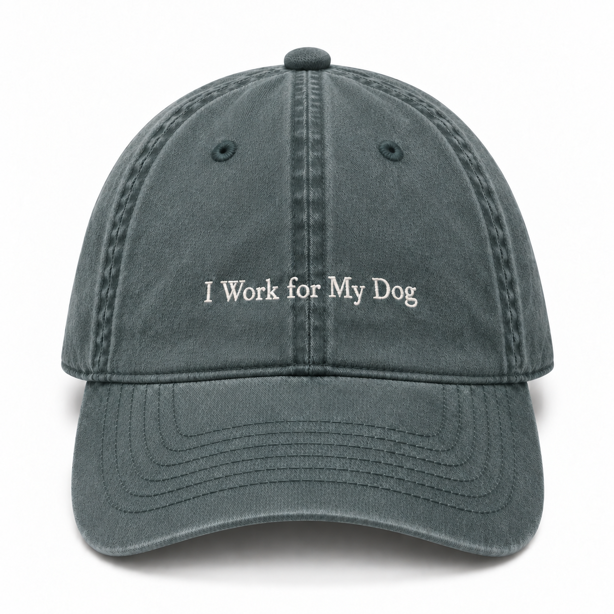 A washed cotton baseball cap embroidered with I Work For My Dog