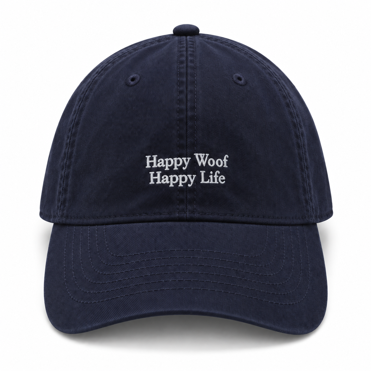 A cotton baseball cap embroidered with Happy Woof, Happy Life