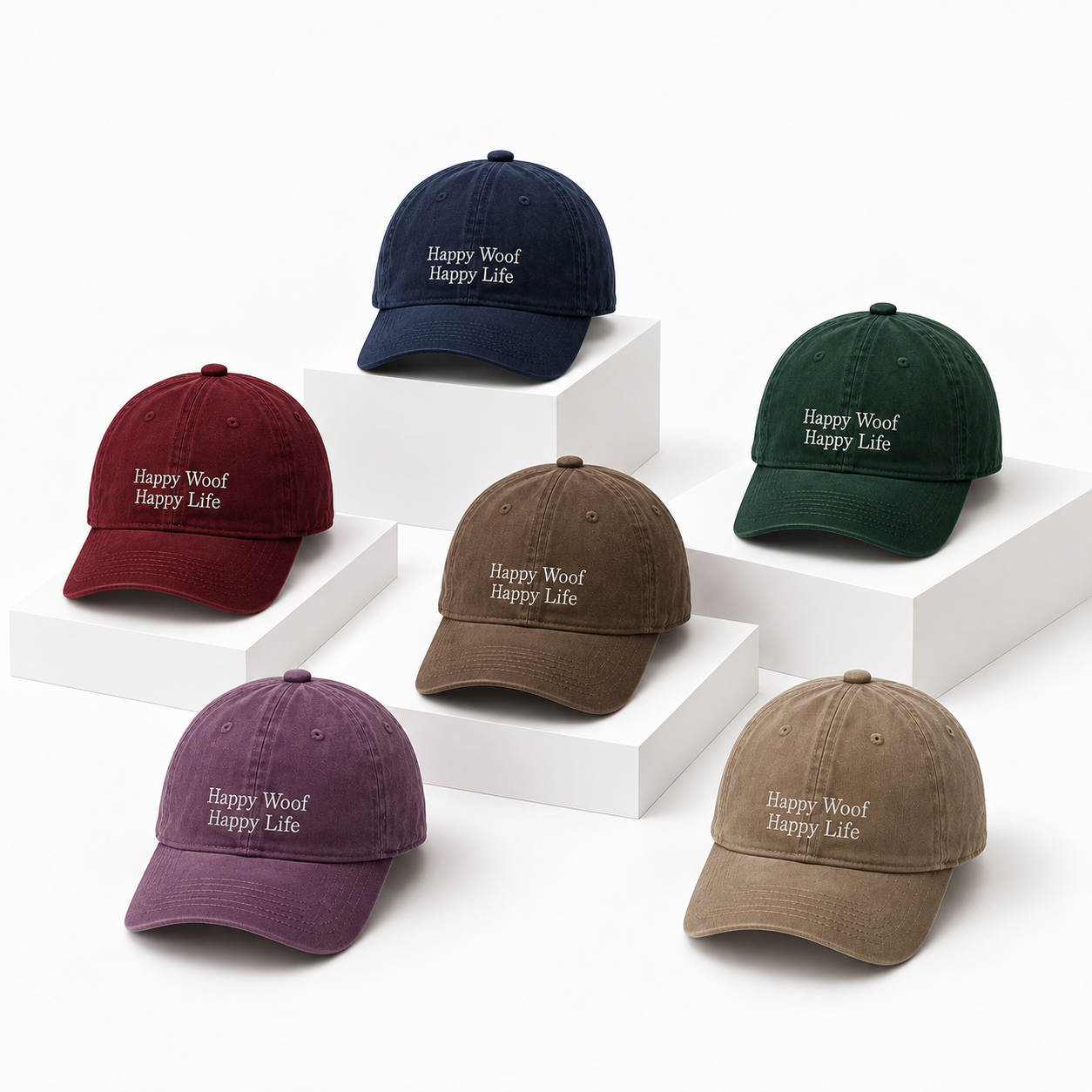 A cotton baseball cap embroidered with Happy Woof, Happy Life
