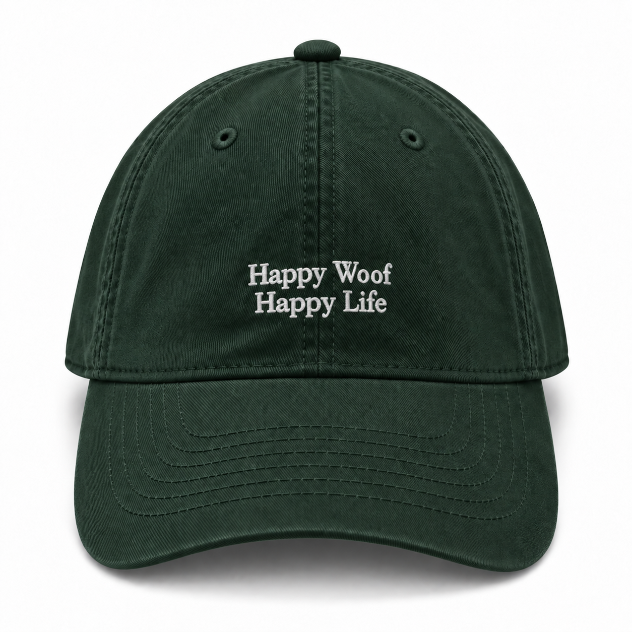 A cotton baseball cap embroidered with Happy Woof, Happy Life