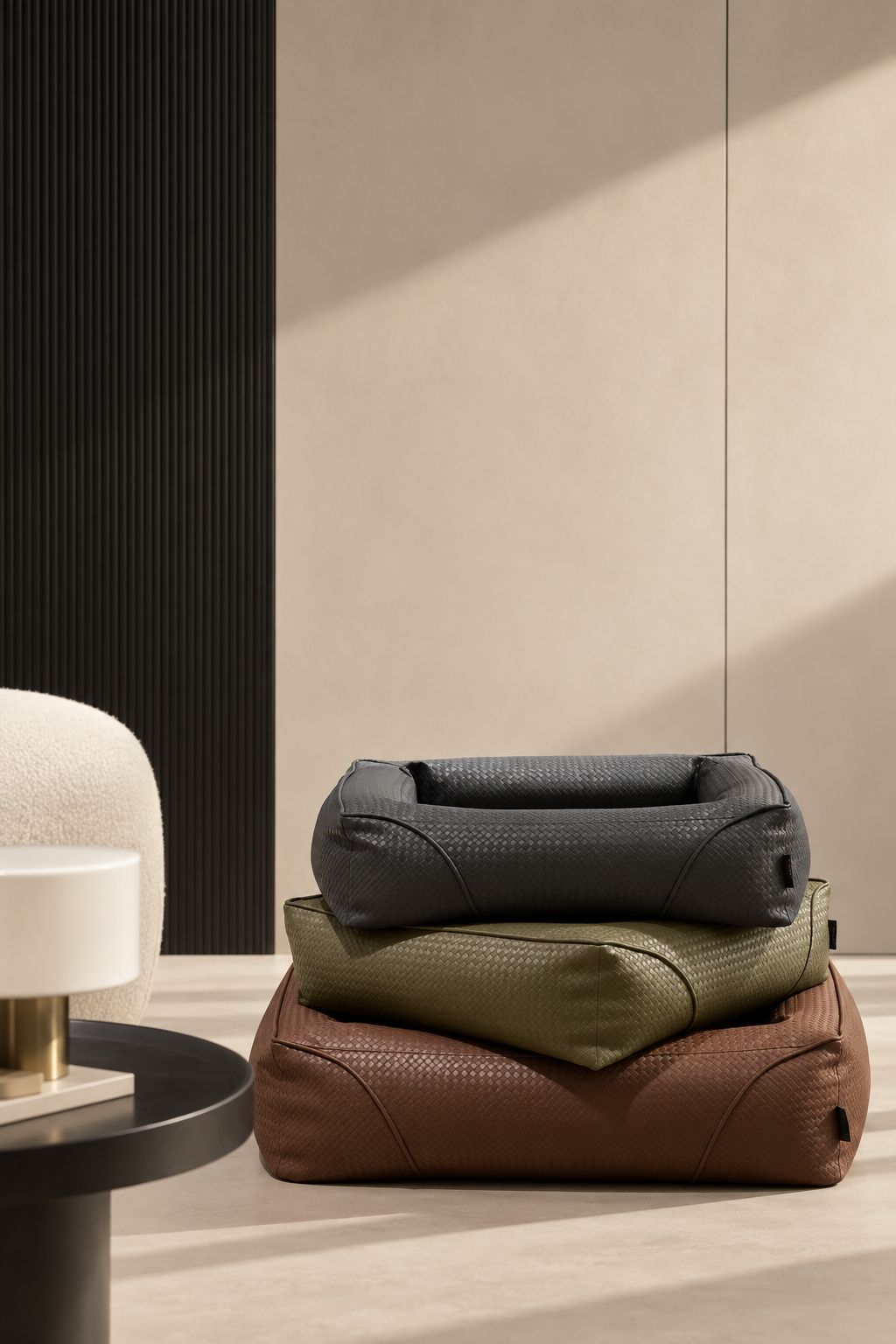 Three CHILLI dog beds styled in a warm contemporary interior