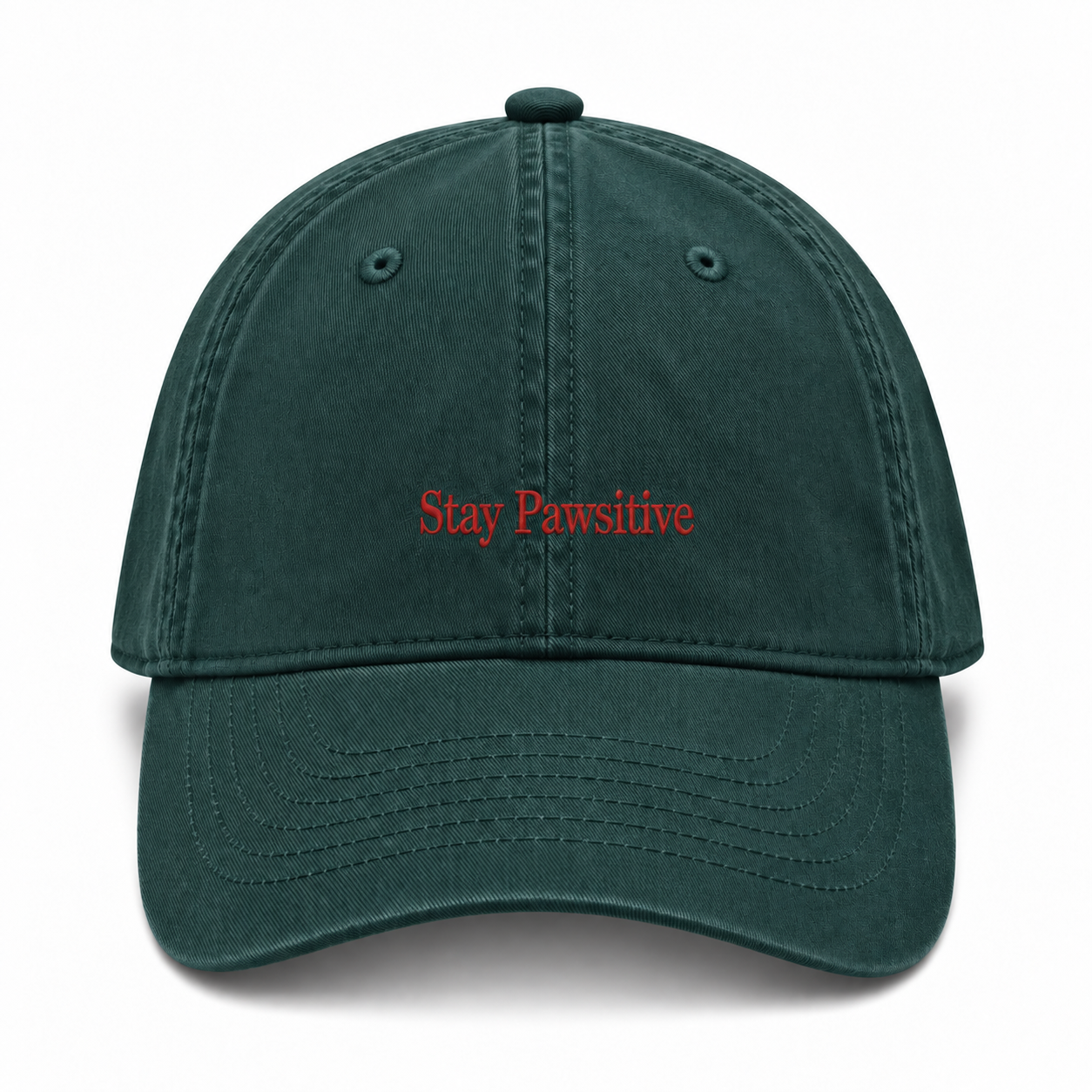 A washed cotton baseball cap embroidered with Stay Pawsitive in red