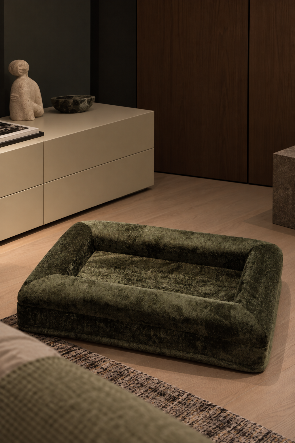 Wimbledon Pool Bed in green chenille velvet in a contemporary interior