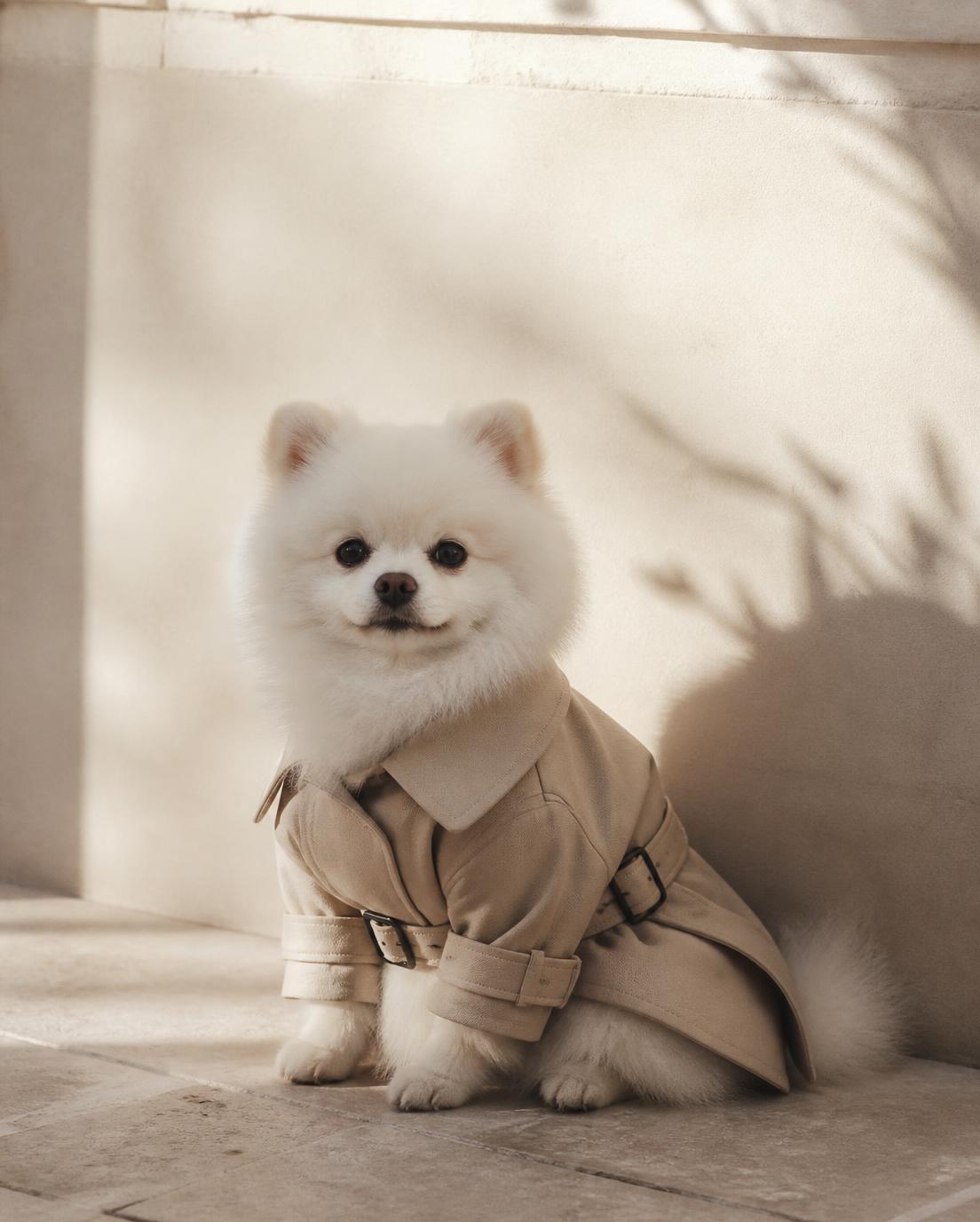 The Camden Coat in sand cotton gabardine, worn by a small white dog