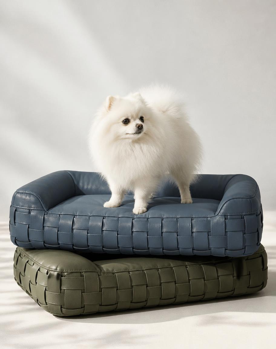 A small white dog standing on stacked woven leather CHILLI beds
