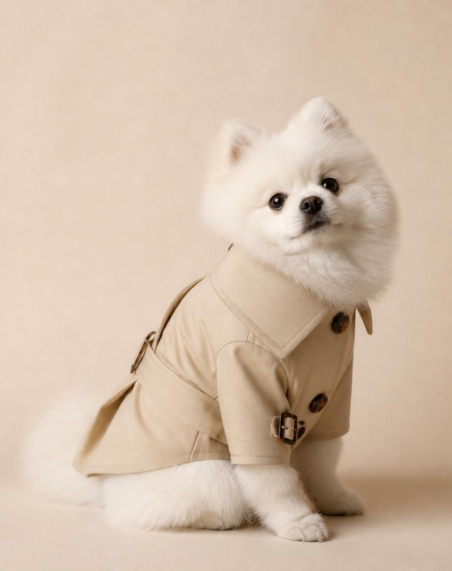 A small white dog in a sand-coloured CHILLI trench coat