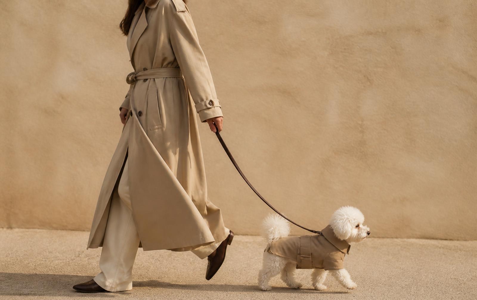 A woman in a trench coat walking her dog against a sand-toned wall