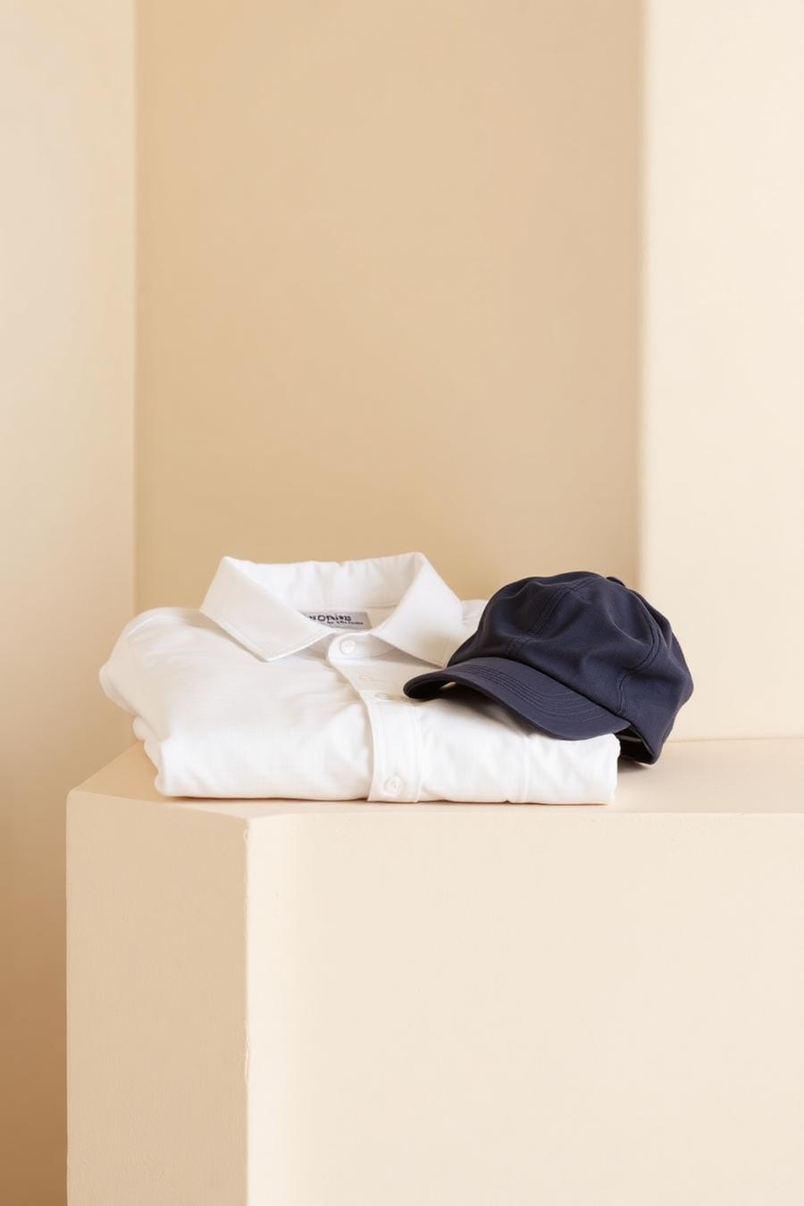 A folded white shirt and a washed navy CHILLI cap on a stone ledge