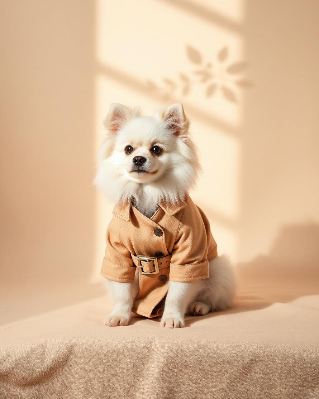 A small white dog wearing the Camden Coat, a sand belted trench coat