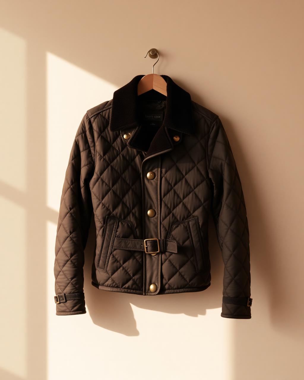 The Kensington Quilted Jacket in olive with a corduroy collar and brass studs