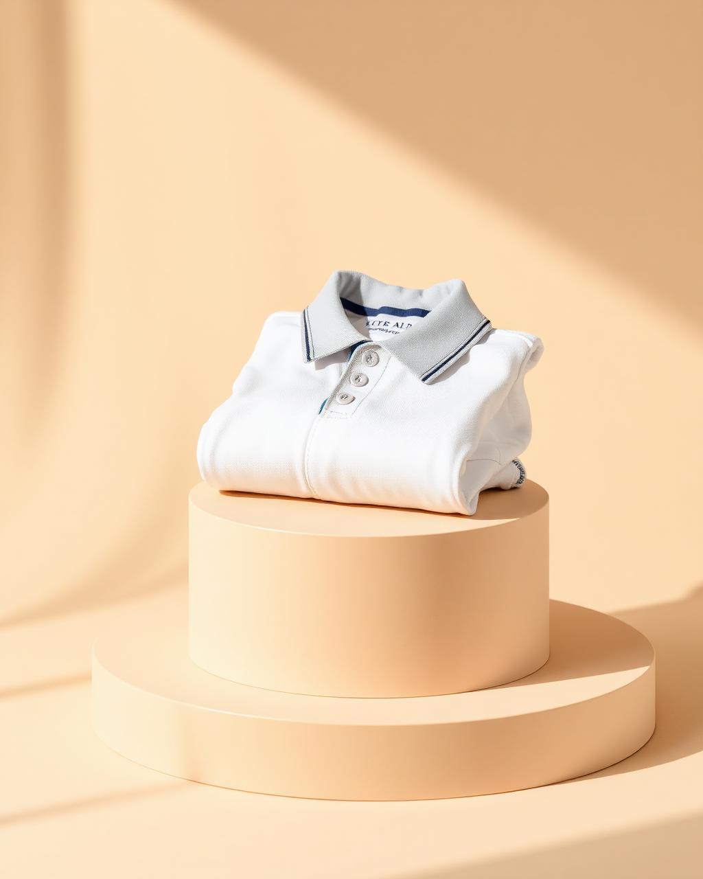 A folded white polo shirt and washed navy CHILLI cap on a beige plinth