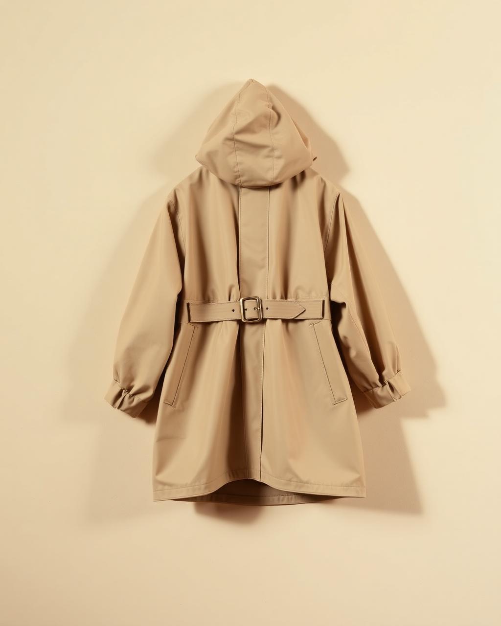 The Regent Raincoat, a sand hooded dog raincoat with a belted waist
